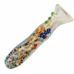 A close-up view of the Splatter Frit Glass Chillum Taster Pipe, showing its colorful frit pattern and slender glass body.