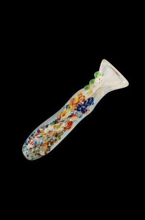 A detailed close-up of the Splatter Frit Glass Chillum Taster Pipe, showcasing its colorful frit pattern and slender design.