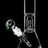Front view of the Stacked Showerhead Perc Beaker Water Pipe, showcasing its clear glass construction and unique stacked perc design.
