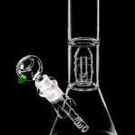 Front view of the Stacked Showerhead Perc Beaker Water Pipe, showcasing its clear glass construction and unique stacked perc design.