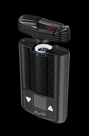 Front view of the Storz & Bickel Mighty+ Portable Vaporizer, a compact, handheld device with a black textured finish.