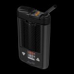 Front view of the Storz & Bickel Mighty Portable Vaporizer, displaying a black, handheld device with a digital display.