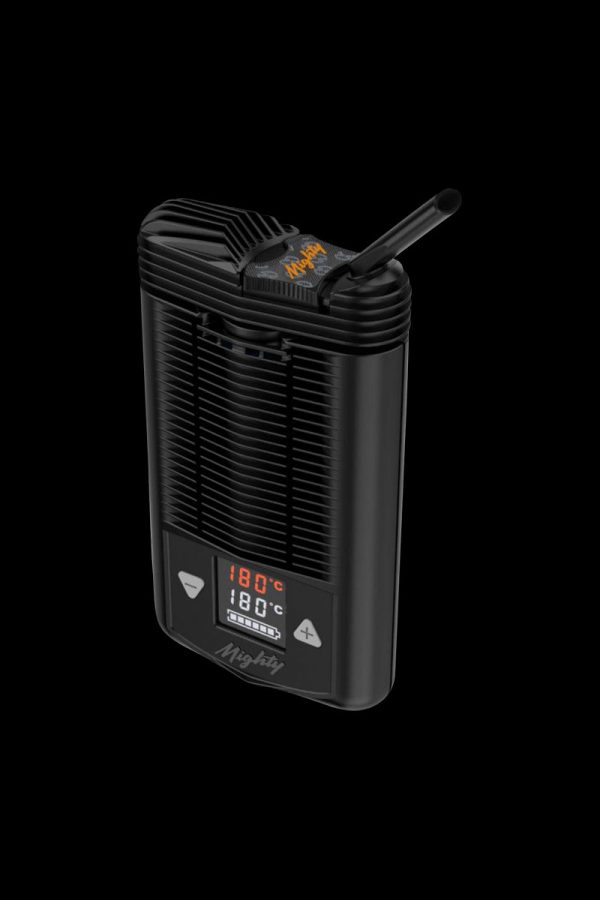 Front view of the Storz & Bickel Mighty Portable Vaporizer, displaying a black, handheld device with a digital display.