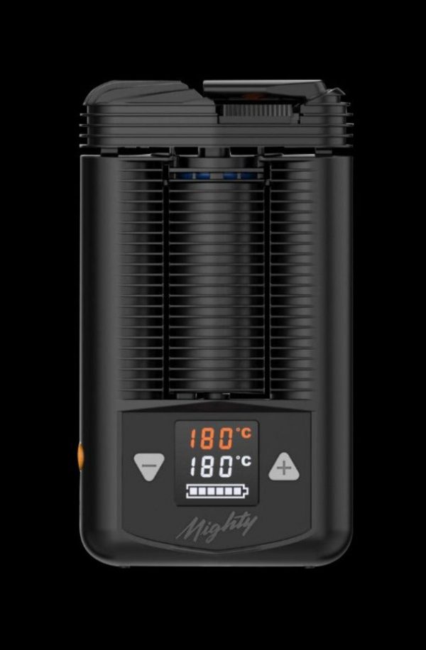 Front view of the Storz & Bickel Mighty Portable Vaporizer, a handheld device with a black exterior and digital display.