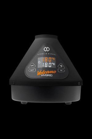 Front view of the Storz & Bickel Volcano Hybrid Vaporizer in onyx black, displaying a digital temperature reading of 180°C.