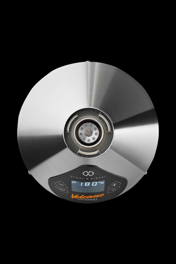 Front view of the Storz & Bickel Volcano Hybrid Vaporizer, displaying a digital temperature readout on its metallic surface.