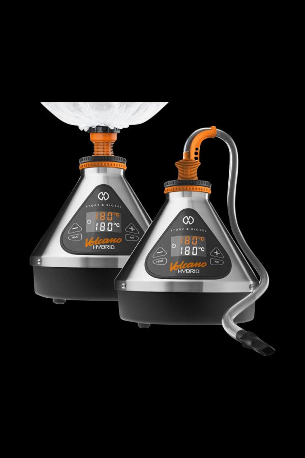 Front view of the Storz & Bickel Volcano Hybrid Vaporizer, displaying its silver housing and connected balloon on a black background.
