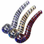 A close-up, angled view of the Striated Two Tone Bubbly Glass Long Pipe, showcasing its elongated shape and glassy texture.