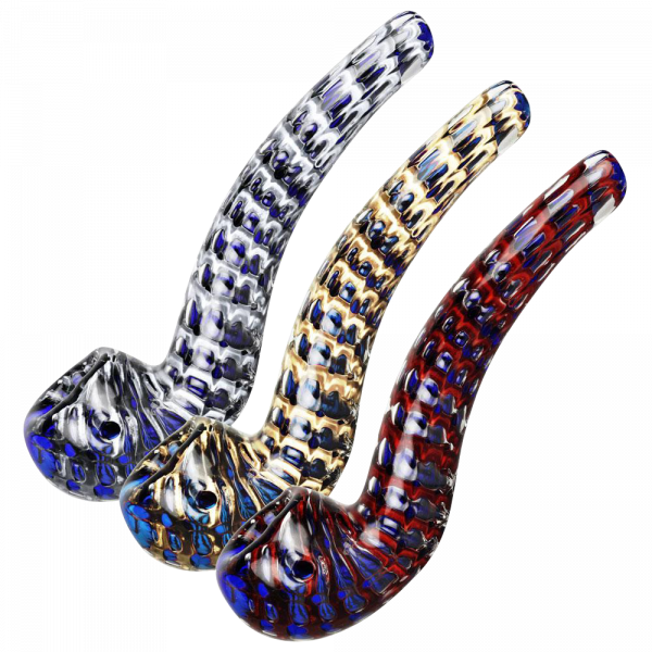 A close-up, angled view of the Striated Two Tone Bubbly Glass Long Pipe, showcasing its elongated shape and glassy texture.