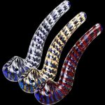 A slightly angled studio shot of the Striated Two Tone Bubbly Glass Long Pipe, showcasing its smooth, iridescent glass design.