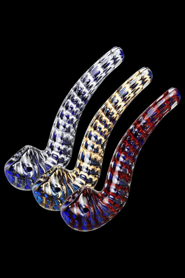 A slightly angled studio shot of the Striated Two Tone Bubbly Glass Long Pipe, showcasing its smooth, iridescent glass design.