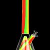 A straight-on view of the Showerhead Pyramid Perc Striped Silicone & Glass Water Pipe, featuring a colorful striped design on clear glass.