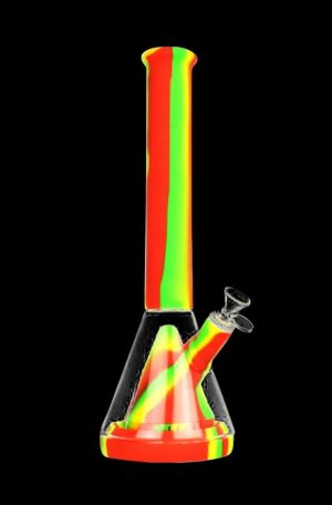 A straight-on view of the Showerhead Pyramid Perc Striped Silicone & Glass Water Pipe, featuring a colorful striped design on clear glass.