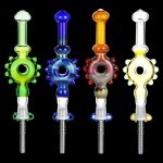 A front view of the Studded Donut Dab Straw - D'Oh!, showing a clear glass straw with a studded detail and simple joint.