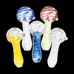 Front view of the Mystery Swirled & Fritted Spoon Pipe, showcasing a colorful, patterned glass design with a curved bowl and mouthpiece.