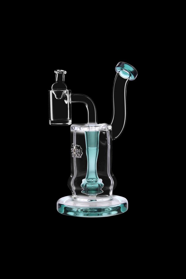 A clear glass water pipe (rig) with a turquoise accent and intricate design, isolated on a black background.