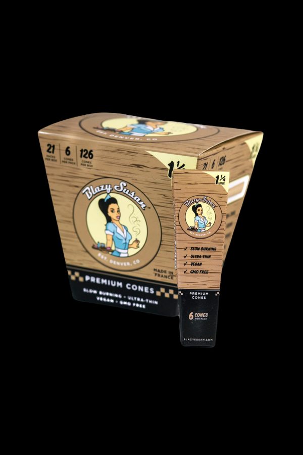 Box of Blazy Susan premium cannabis cones, featuring a vintage-style illustration of a woman and branding details.