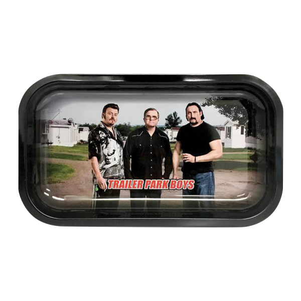 A top-down view of the Trailer Park Boys Classic Rolling Tray displaying a comical scene with characters from the show.