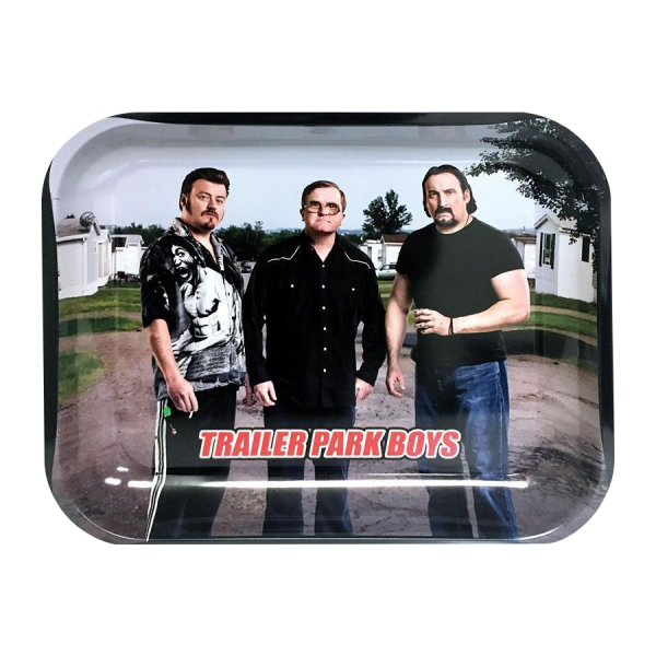 A slightly angled, close-up view of the Trailer Park Boys Classic Rolling Tray featuring characters from the series.