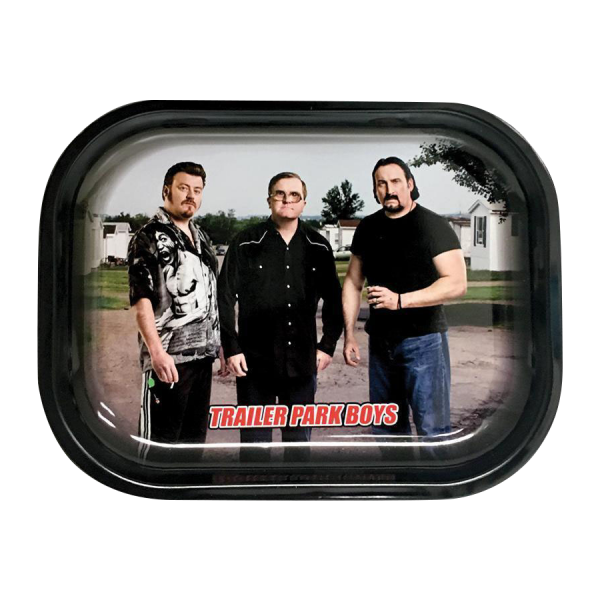 A close-up of the Trailer Park Boys Classic Rolling Tray featuring a photograph of the show's characters.