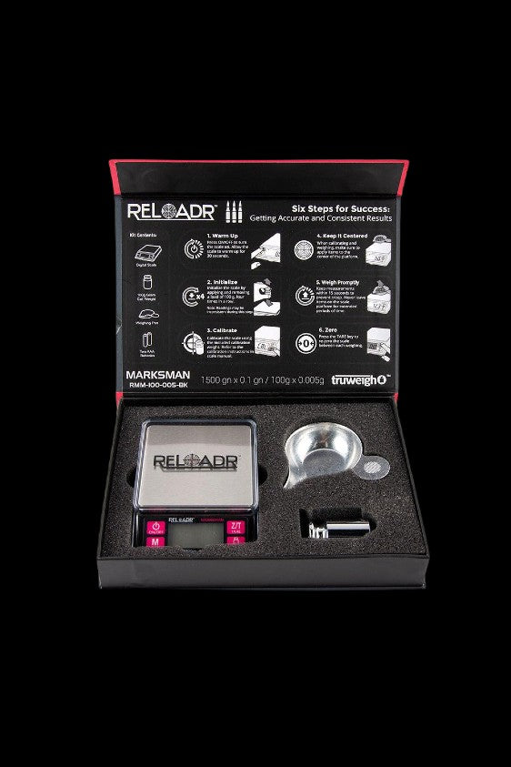 Digital scale with instructions for accurate cannabis weighing, displayed in open retail packaging.