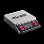 Digital scale with a clear acrylic platform, displaying "RELOADR" and measuring in grams and ounces, isolated on a black background.