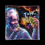 A glass ashtray featuring a vibrant, painted portrait of Albert Einstein holding a cannabis bud with the equation "T=HC²" superimposed on a cosmic background.
