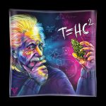 A vibrant, artistic rendering of Albert Einstein holding a cannabis bud, overlaid with scientific formulas and equations, displayed on a dark background.