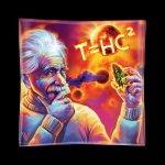 A colorful, artistic glass ashtray featuring a portrait of Albert Einstein smoking, with the equation “T=HC²” and a cannabis bud incorporated into the design.