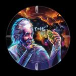 Digital painting of Albert Einstein holding a cannabis bud with the equation "T=HC²" overlaid on a nebula background, promoting cannabis accessories.
