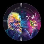 Digital painting of Albert Einstein holding a cannabis bud, surrounded by scientific equations and molecular structures on a dark purple background.