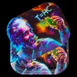 Rolling tray featuring a vibrant, psychedelic portrait of Albert Einstein holding cannabis buds with the equation "E=MC²" playfully altered to "T=HC²".