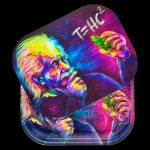 Vibrant, digitally-painted rolling tray featuring Albert Einstein with cannabis buds and the equation “E=HC²” playfully altered to “T=HC²”.
