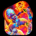 A vibrant rolling tray depicting a psychedelic portrait of Albert Einstein smoking and holding cannabis buds, with the equation “T=HC²” above him.