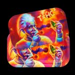 Colorful rolling tray depicting Albert Einstein with cannabis buds and the equation “T=HC²”.