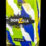 Colorful packaging for a “Dopezilla” 8-inch water pipe, featuring a stylized eye design and camouflage pattern.