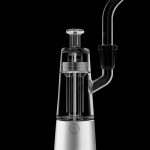 Silver e-rig with a glass bubbler and mouthpiece, isolated on a black background.