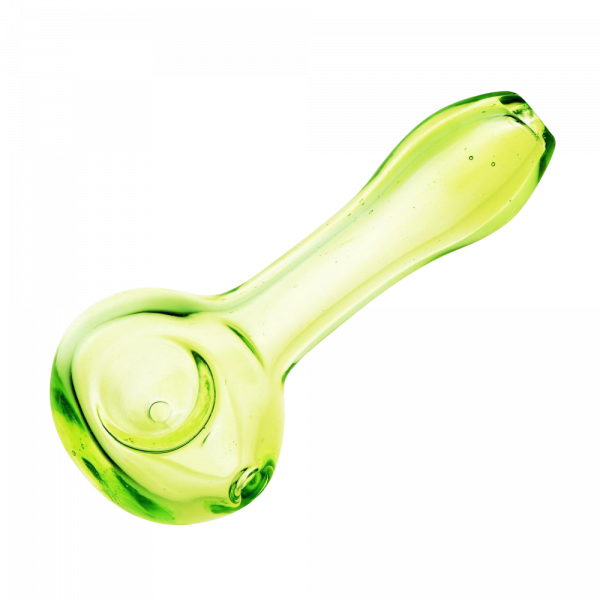 A close-up of the translucent spring green Spoon Pipe, showing its curved form and smooth glass finish.