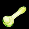 A side view of the translucent Spring Green Spoon Pipe, showing its curved shape and simple glass construction.