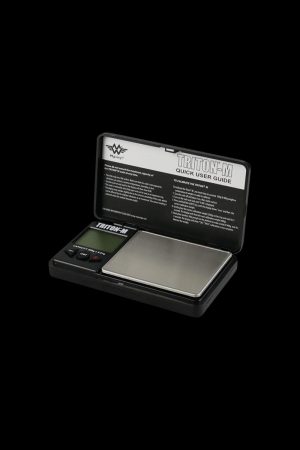 A top-down view of the Triton M 400g x 0.01g Scale By My Weigh, featuring a black digital display and a stainless steel weighing platform.