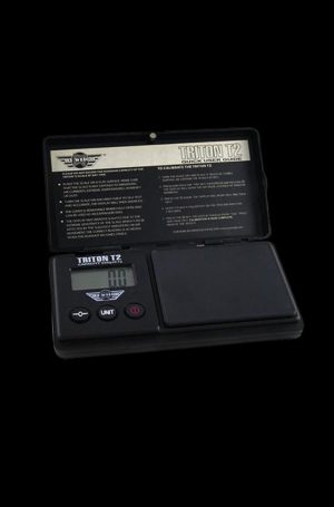 Front view of the MyWeigh Triton T2 120g scale, featuring a digital display and sleek black finish.