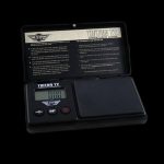 A top-down view of the MyWeigh Triton T2 200g x 0.01g Scale with a black surface and digital display, showing its compact design.