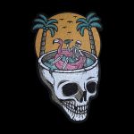 Vintage-style illustration of a skull filled with a tropical beach scene, featuring a skeleton lounging on a pink flamingo float in blue water, framed by palm trees and a setting sun – likely a sticker or design for cannabis accessories.