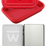 Front view of the Truweigh Crimson Collapsible Bowl Scale, displaying a digital readout with a black and red collapsible bowl.