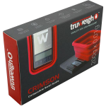 A close-up, angled view of the Truweigh Crimson Collapsible Bowl Scale, showing its digital display and sleek design.
