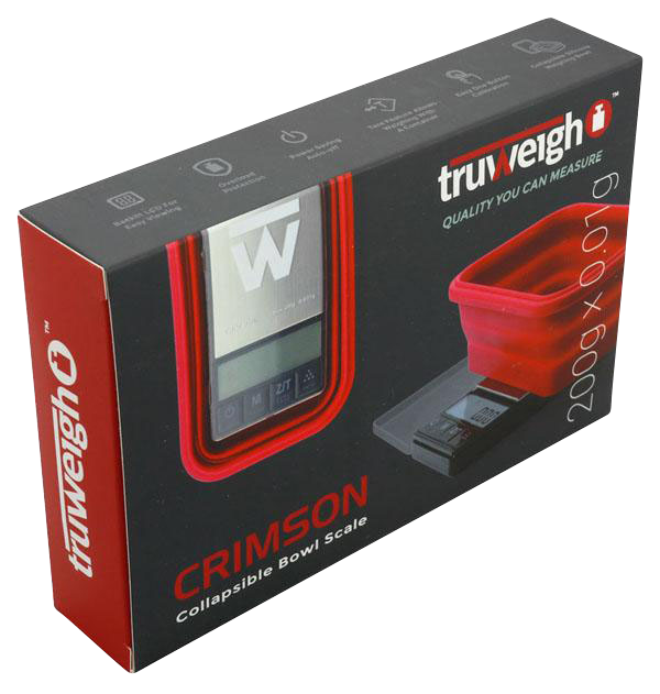 A close-up, angled view of the Truweigh Crimson Collapsible Bowl Scale, showing its digital display and sleek design.