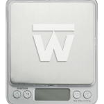 Front view of the Truweigh Enigma Digital Mini Scale, displaying a black screen with buttons on a light gray surface.