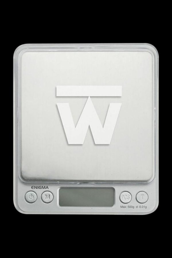 Front view of the Truweigh Enigma Digital Mini Scale, displaying a black screen and silver buttons on a white surface.
