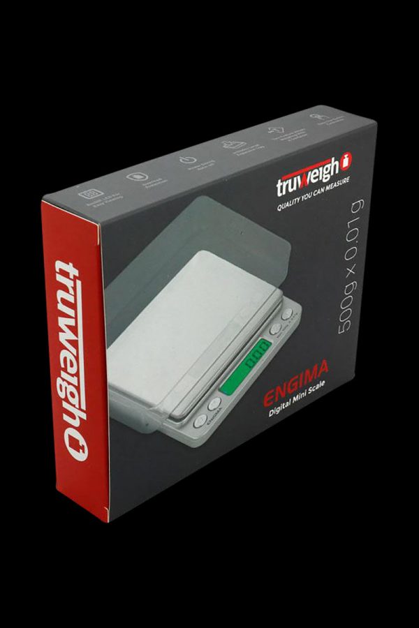 Front view of the Truweigh Enigma Digital Mini Scale, showing a sleek, black design and digital display.
