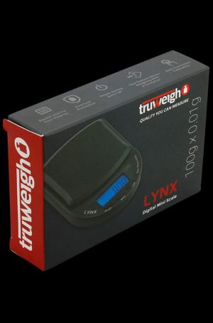 Front view of the Truweigh Lynx Digital Mini Scale, displaying a digital readout on its sleek, black surface.